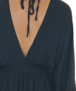 Peach Love Black Pleated Bubble Sleeve V Neck Short Dress Dresses