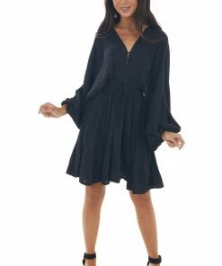 Peach Love Black Pleated Bubble Sleeve V Neck Short Dress Dresses