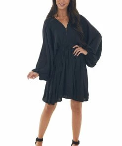 Peach Love Black Pleated Bubble Sleeve V Neck Short Dress Dresses
