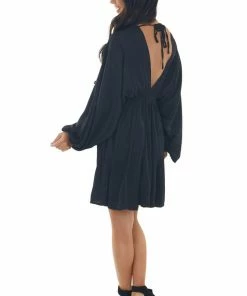 Peach Love Black Pleated Bubble Sleeve V Neck Short Dress Dresses