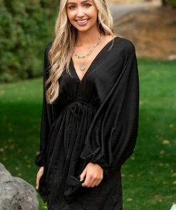 Peach Love Black Pleated Bubble Sleeve V Neck Short Dress Dresses