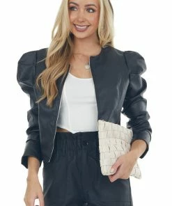 Cezele Black Pleather Puff Sleeve Zip Up Jacket Outerwear
