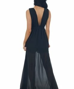 HYFVE Dresses Black Plunging Neck Slit Maxi Overlay Romper 12 HYFVE Dresses Black Plunging Neck Slit Maxi Overlay Romper