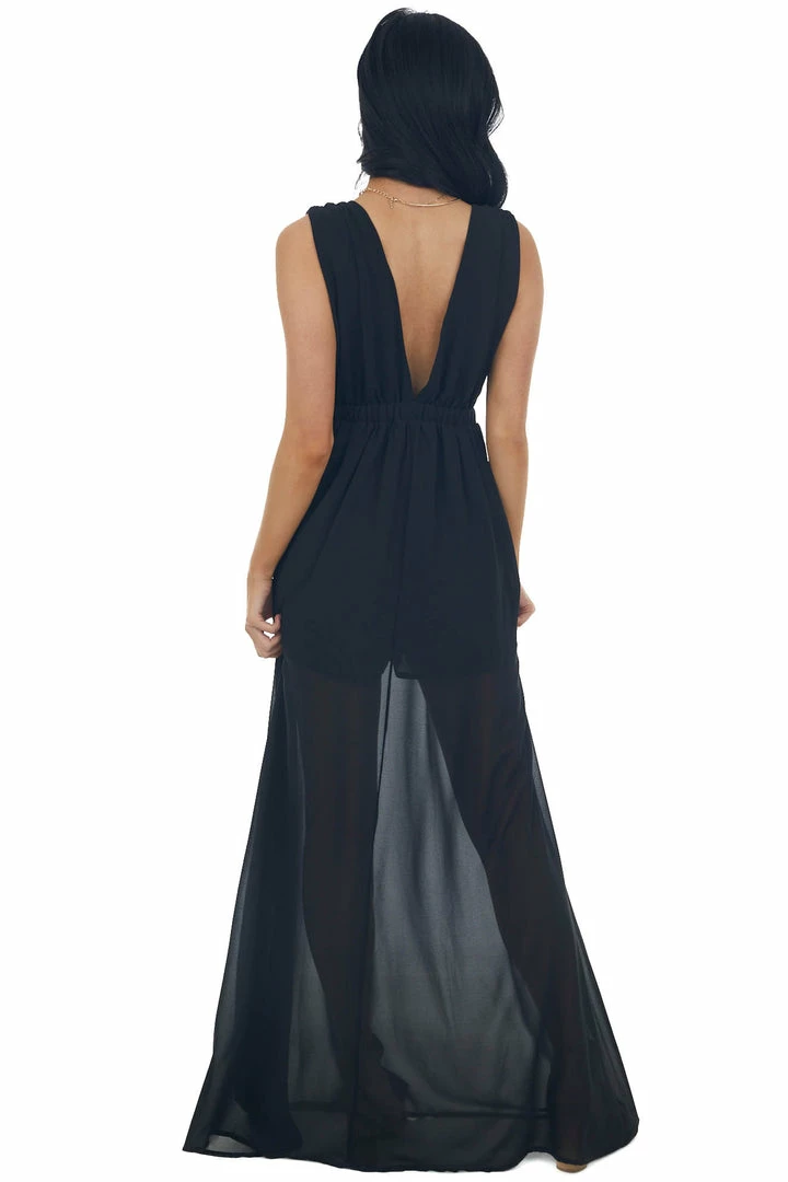 HYFVE Dresses Black Plunging Neck Slit Maxi Overlay Romper 7 HYFVE Dresses Black Plunging Neck Slit Maxi Overlay Romper
