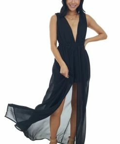 HYFVE Dresses Black Plunging Neck Slit Maxi Overlay Romper