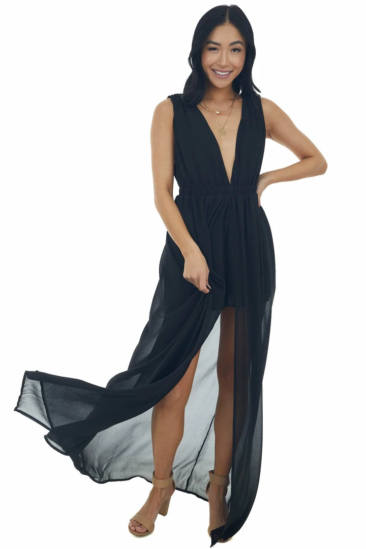 HYFVE Dresses Black Plunging Neck Slit Maxi Overlay Romper 4 HYFVE Dresses Black Plunging Neck Slit Maxi Overlay Romper