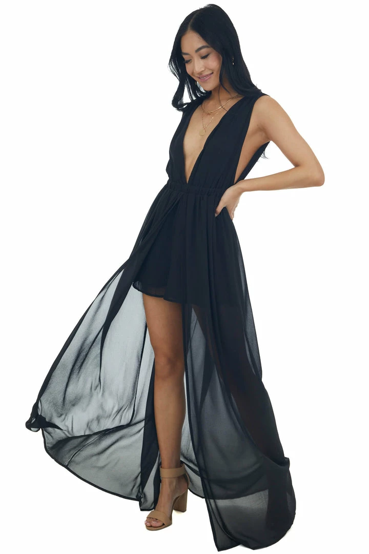 HYFVE Dresses Black Plunging Neck Slit Maxi Overlay Romper 5 HYFVE Dresses Black Plunging Neck Slit Maxi Overlay Romper