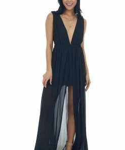 HYFVE Dresses Black Plunging Neck Slit Maxi Overlay Romper