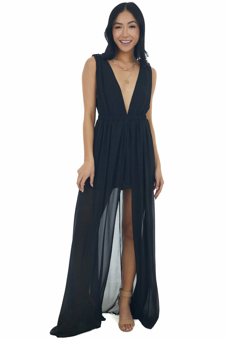 HYFVE Dresses Black Plunging Neck Slit Maxi Overlay Romper 3 HYFVE Dresses Black Plunging Neck Slit Maxi Overlay Romper