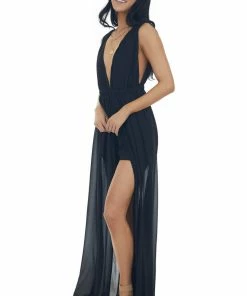 HYFVE Dresses Black Plunging Neck Slit Maxi Overlay Romper 11 HYFVE Dresses Black Plunging Neck Slit Maxi Overlay Romper