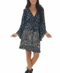 ANGIE Black Printed Plunging V Neck Short Dress Dresses