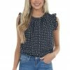 Ces Femme Black Printed Sleeveless Frill Trim Blouse Tops
