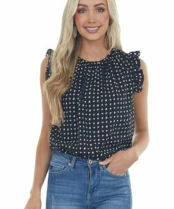 Ces Femme Black Printed Sleeveless Frill Trim Blouse Tops