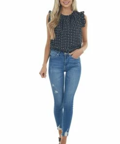 Ces Femme Black Printed Sleeveless Frill Trim Blouse Tops