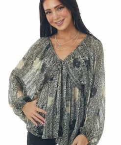 BucketList Black Printed V Neck Babydoll Chiffon Blouse