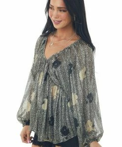 BucketList Black Printed V Neck Babydoll Chiffon Blouse