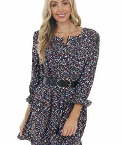 Jodifl Black Printed Woven Short Dress With 3/4 Bubble Sleeves