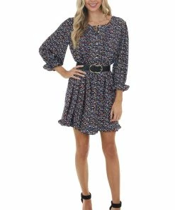 Jodifl Black Printed Woven Short Dress With 3/4 Bubble Sleeves
