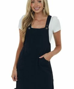 Umgee Dresses Black Raw Hem Gauze Woven Overall Short Dress