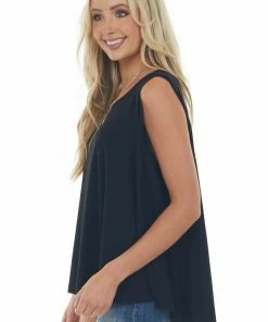 Umgee Black Raw Hem Ribbed Knit Top With Back Slit Tops