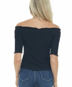 Aemi + Co Tops Black Ribbed 3-4 Sleeve Top With Ruffle Trim