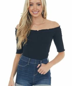 Aemi + Co Tops Black Ribbed 3-4 Sleeve Top With Ruffle Trim