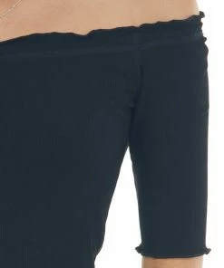 Aemi + Co Tops Black Ribbed 3-4 Sleeve Top With Ruffle Trim