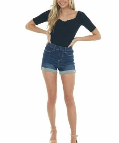 Aemi + Co Tops Black Ribbed 3-4 Sleeve Top With Ruffle Trim