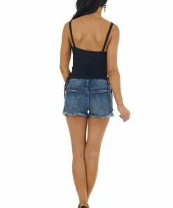 Entro Black Ribbed Cropped Knit Tank Top With Side Ruching Detail Tops