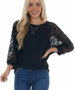 Now N Forever Black Ribbed Dolman 3/4 Lace Sleeve Knit Top