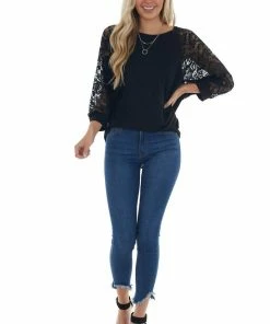Now N Forever Black Ribbed Dolman 3/4 Lace Sleeve Knit Top