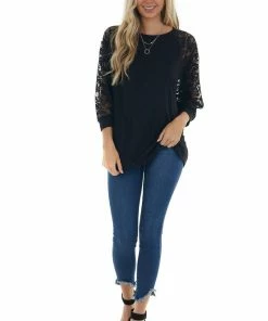 Now N Forever Black Ribbed Dolman 3/4 Lace Sleeve Knit Top