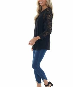 Now N Forever Black Ribbed Dolman 3/4 Lace Sleeve Knit Top