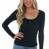 La Miel Black Ribbed Knit Button Cuff Henley Top