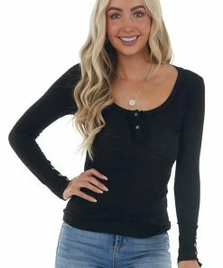 La Miel Black Ribbed Knit Button Cuff Henley Top