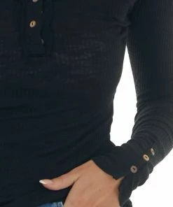 La Miel Black Ribbed Knit Button Cuff Henley Top