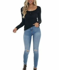 La Miel Black Ribbed Knit Button Cuff Henley Top