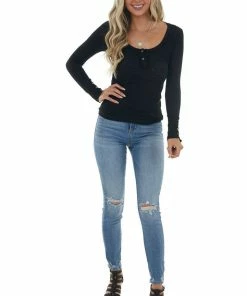 La Miel Black Ribbed Knit Button Cuff Henley Top