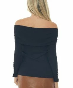 Doe & Rae Tops Black Ribbed Knit Folded Off The Shoulder Top