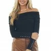 Doe & Rae Tops Black Ribbed Knit Folded Off The Shoulder Top