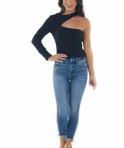 Lush Clothing Black Ribbed Knit One Shoulder Cut Out Top