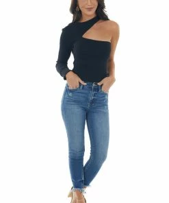 Lush Clothing Black Ribbed Knit One Shoulder Cut Out Top