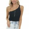 LE LIS Black Ribbed Knit Sleeveless One Shoulder Crop Top