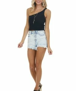 LE LIS Black Ribbed Knit Sleeveless One Shoulder Crop Top