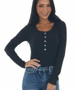 Vanilla Bay Black Ribbed Long Sleeve Henley Top