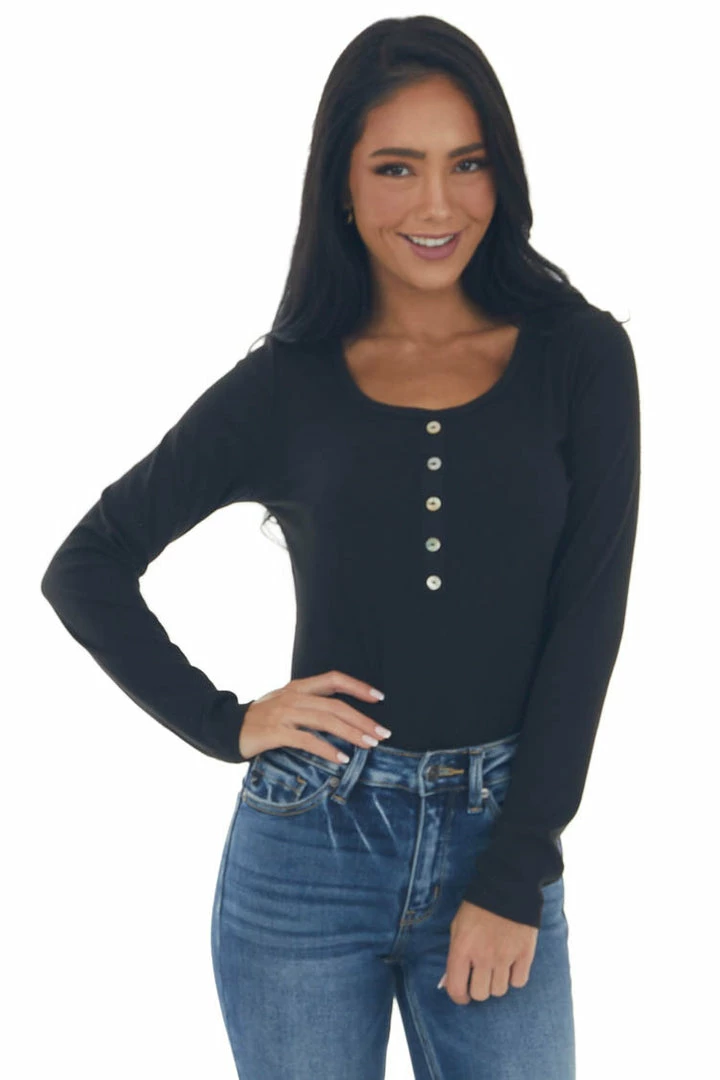 Vanilla Bay Black Ribbed Long Sleeve Henley Top 3 Vanilla Bay Black Ribbed Long Sleeve Henley Top