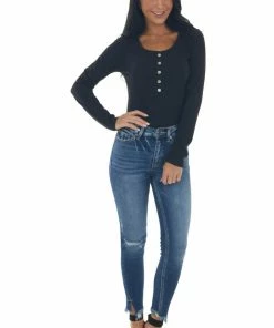 Vanilla Bay Black Ribbed Long Sleeve Henley Top
