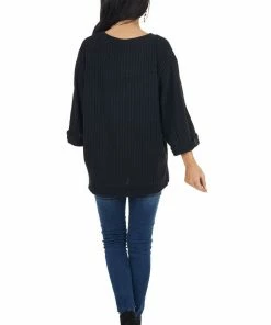 Umgee Tops Black Ribbed Loose Knit Top With Wide Sleeves