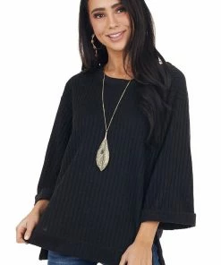 Umgee Tops Black Ribbed Loose Knit Top With Wide Sleeves