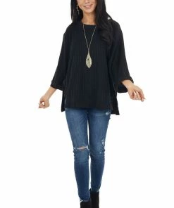 Umgee Tops Black Ribbed Loose Knit Top With Wide Sleeves